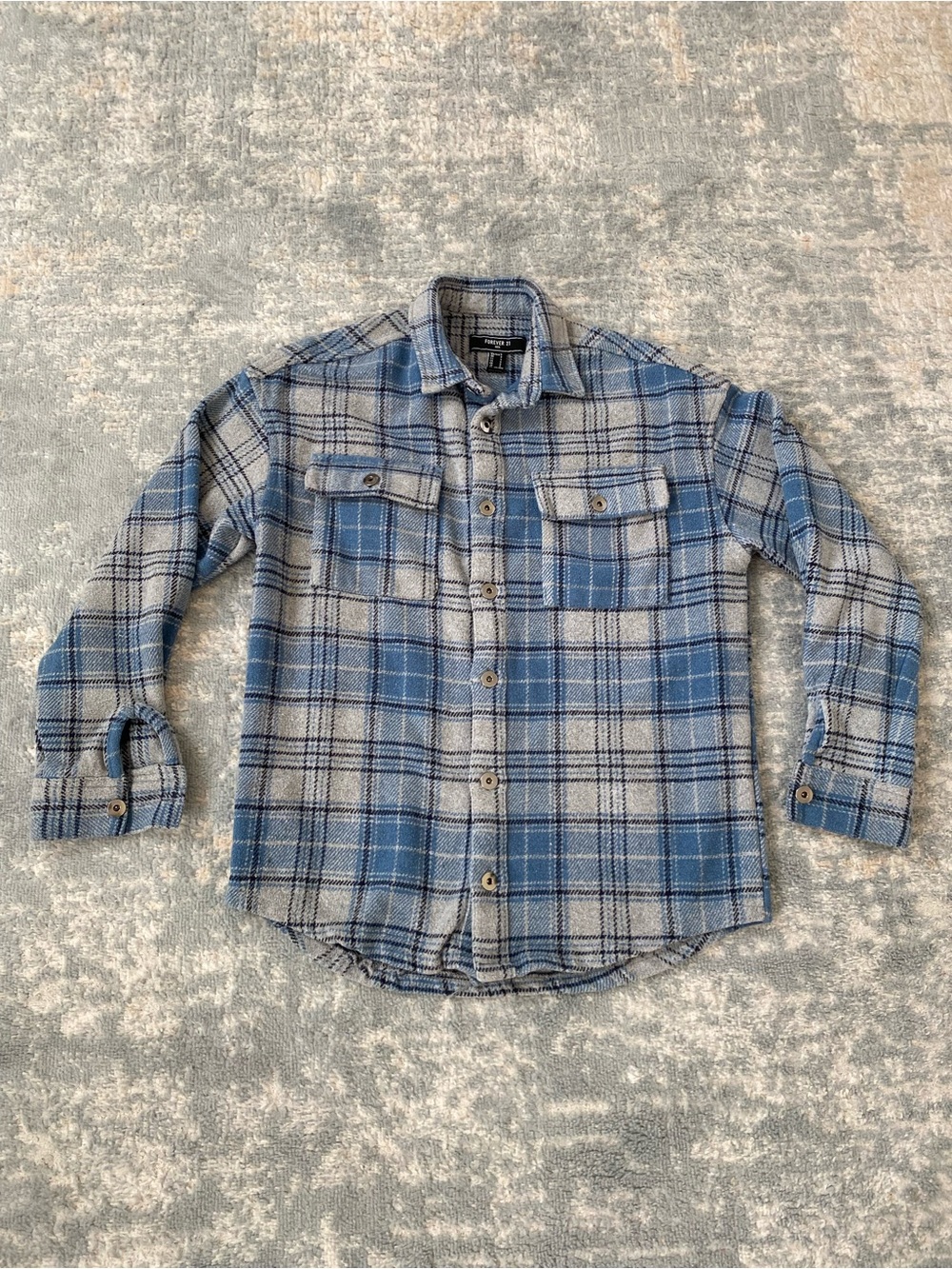Forever 21 Heavy Men's Blue Plaid Flannel Shirt - Classic Button-Up